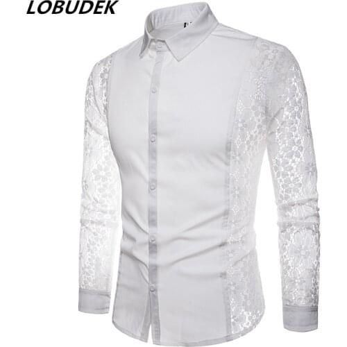 New Men Flower Patchwork Lace Sleeve Shirt Fashion Black White Transparent Sexy Dress Shirts Club Bar Party Singer Stage Costume