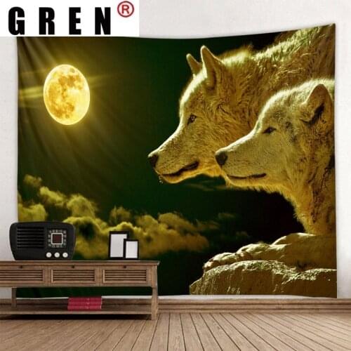 GREN Tapestry Moon Wolf Wall Hanging Fabric Mural Background Cloth Wall Rugs Towel Beach Fabric Blanket Dorm Living Home Decor