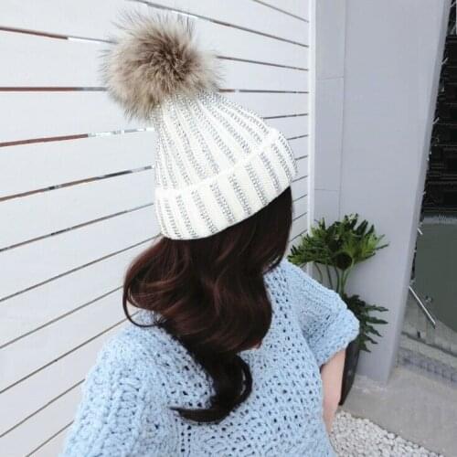 New Winter Warm Fur Pom pom Knitted Hats Women Handmade Striped Rhinestone Bones Skullies Beanie With Fur Ball