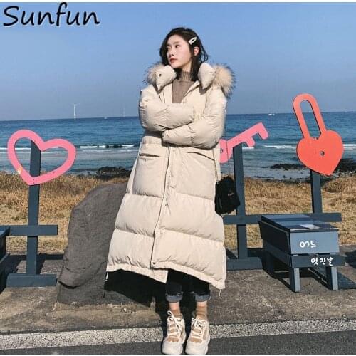 Casual Cotton Long Thick Loose With Hooded Fur Padded Korea Style Lady White 2021 New Winter Warm Women Parka Coats