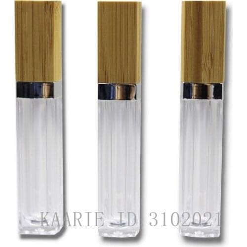 6ml 30/60/200pcs Clear Lip Gloss Tube with Bamboo Brush Square DIY Natural Bamboo Lipgloss Tube Cosmetics Packaging Container