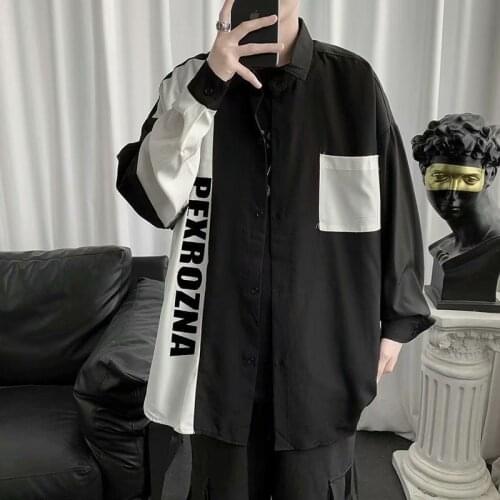 Stitching Shirts Men Loose Long Sleeve Casual Printed Letter Coat Thin Oversize Male Clothes Four Seasons Trend Streetwear Tops
