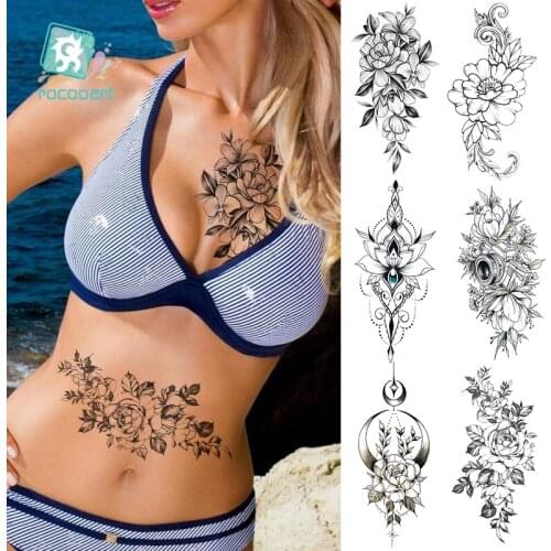 Sexy Flower Temporary Tattoos For Women Body Art Painting Arm Legs Tattoos Sticker Realistic Fake Black Rose Waterproof Tattoos