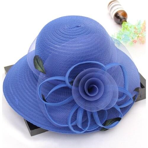 Women Big Flower Summer Sun Hat Beige Blue Pink Organza Ladies Beach Straw Hat For Female Solid Feather Cap bone Chapeu feminino