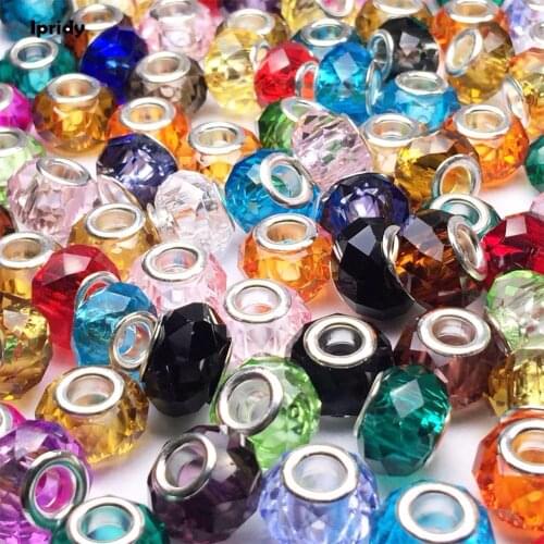 10pcs/lot 14mm Silver Color Brass Core European Large Hole Glass Beads for Jewelry Making DIY Accessories