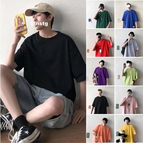 Versatile 2020 Men Solid Short Sleeve Tshirts Mens Korean Summer Colorful Tee T-shirts Male O-Neck Clothes Oversize S-5XL