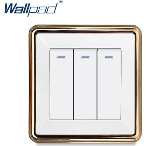 Wallpad 3 Gang Reset Momentary Contact Wall Light Switch Rocker Button White Panel Gold Edge