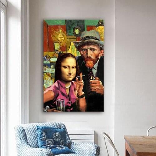 Funny Art Mona Lisa and Van Gogh Smoking Canvas Paintings Wall Art Posters and Prints Da Vinci Famous Paintings for Living Room
