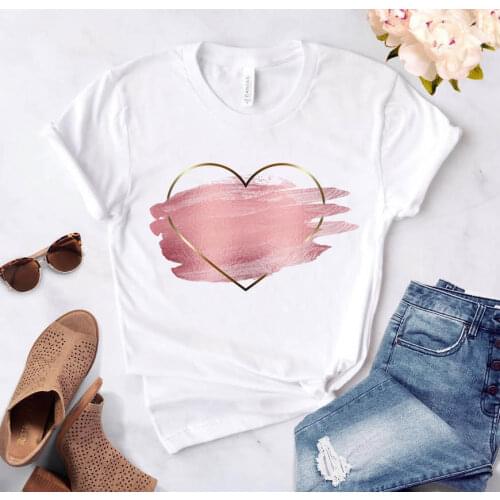 Heart Flower Print Ladies T-shirt Women Casual Basis O-collar White Shirt Short Sleeve T-shirt Love Graphic Printing Female Tops