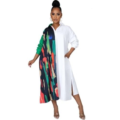 Casual Loose Contrast Color New Shirt Style Womens Dress Long Sleeve Turn Down Collar Office Lady Lrregular Dress Robs Vestido