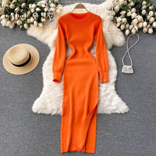 Autumn Winter 2021 Woemen Knitted Casual Dress O-Neck Long Sleeve Slim Midi Long Dresses Split Bodycon Elasticity Ladies Dress
