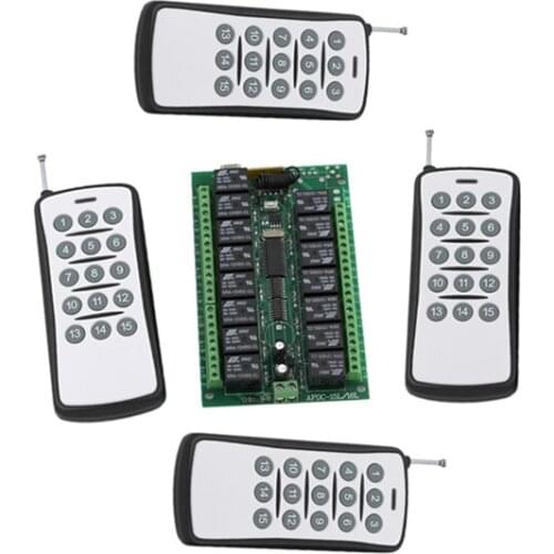 Long Range DC24V Wide Voltage 15CH Radio Controller RF Wireless Remote Control Switch System 4*Transmitter + 1*Receiver 315/433