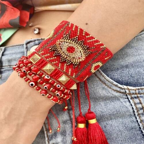 BLUESTAR Pulseras Mujer 3pcs One Set Turkish Evil Eye Bangles Gold Bead Tassel Handmade Micro Pave Zircon Bead MIYUKI Bracelets