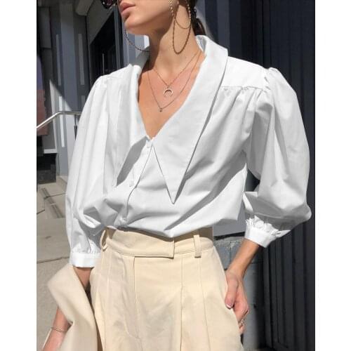 BBK Women Puff Sleeves Blouse Solid Color Casual Office Ladies Shirt French Style Fashion Top V-Neck Hot Girls White Blue Shirt