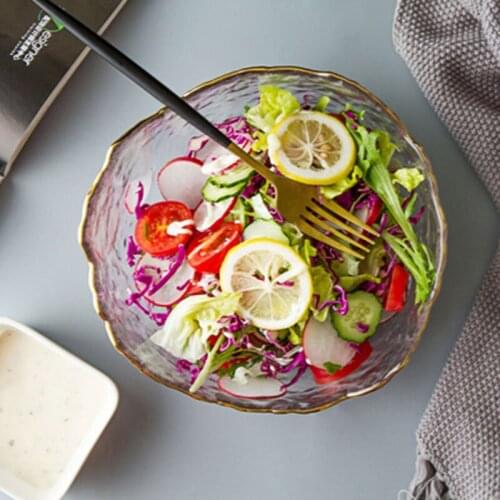 Irregular Gold Inlay Edge Glass Salad Bowl Fruit Rice Serving Bowls Food Storage Container Soup Dessert Snack Foods Mixing Bowl