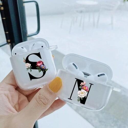 Custom Name Black Letter Alphabet Flowers soft TransparentTPU silicone Bluetooth Airpod Case For Airpods 1/2 Airpods pro