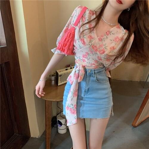 Cheap wholesale 2021 spring summer autumn new fashion casual chiffon women shirt woman female OL puff sleeve top Ay3059