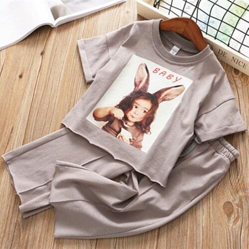 DFXD Kids Clothes Girls Summer Set Short Sleeve Cartoon Bunny Ear Beauty Girl Print T-Shirt+Pant 2pc Fashion Toddler Girls Suit