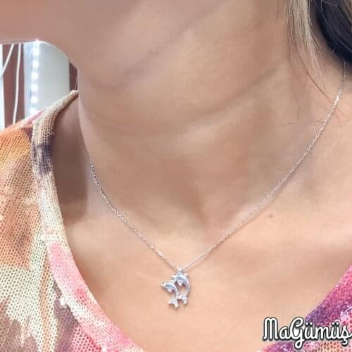 Double Dolphin Tiny Chic Womens Silver Necklace