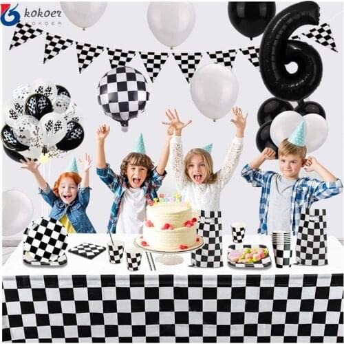Racing Car Driving Disposable Tableware Black White Tablecloth Banner Paper Plates Cup Napkin Set Boy Birthday Party Decor
