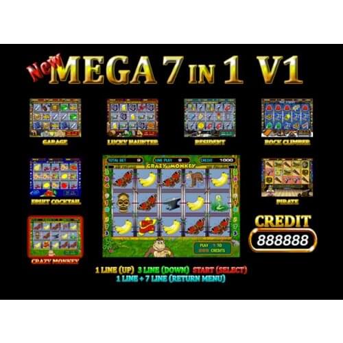 Coin operated slot game machine board New Mega 7 in 1(60-94%) PCB Crazy Monkey Fruit Cocktail Garage Lucky Haunter Resident Rock