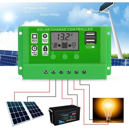 Solar Charge Controller 12V/24V 10A20A 30A Auto PWM 5V Output Solar Panel Battery Controller Regulator With Dual USB LCD Display
