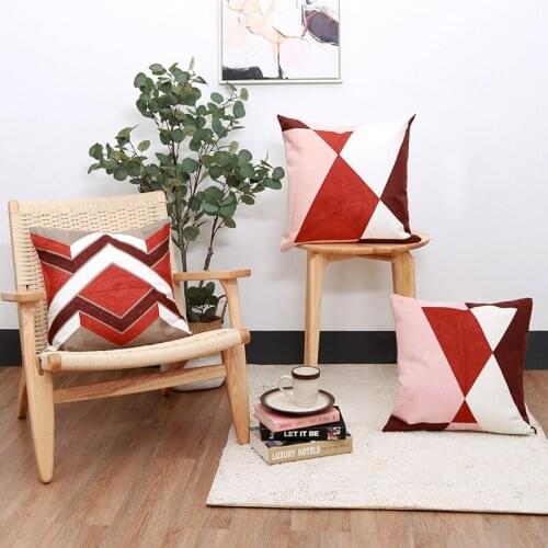 Home simple geometry red canvas cotton sukale pillow case 45x45cm embroidered cushion cover cotton embroidered pillow cover