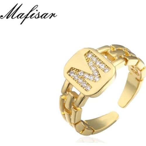 Mafisar 2021 New Fashion Hip hop Adjustable Gold Color CZ A-Z Letter Ring Statement Square Gold Name Rings For Women Girl Gift