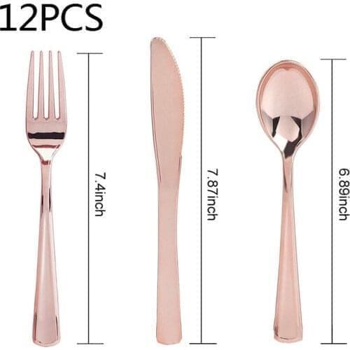 12PCS Disposable Tableware Rose Gold Silver Plastic Knife Fork Spoon Dinnerware for Wedding Birthday Party Baby Shower Supplies