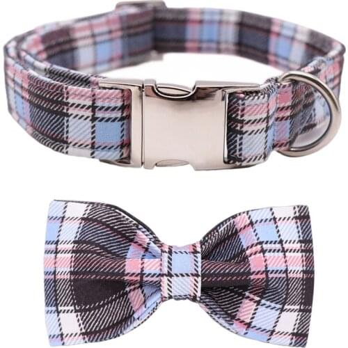 Unique Style Paws Dog Collar Blue and Pink Plaid Cotton Fabric Dog Collar and Bow