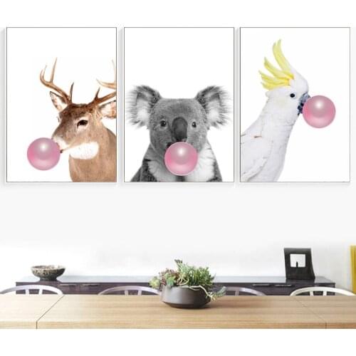 Deer koala Parrot Blowing Bubble Gum Nordic Posters And Prints Wall Art Canvas Painting Wall Pictures For Living Room Home Decor