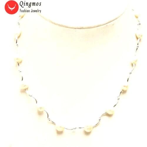Qingmos Floating Natural Pearl Necklace for Women with 8-9mm White Baroque Pearl Chokers Necklace & Silver Plated Elbow Jewelry