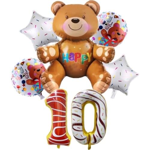 Brown Foil Assemble Bear Balloons Birthday Animal Ball With Doughnut Digit Number Balloon Birthday Party Decorations Kids Globos