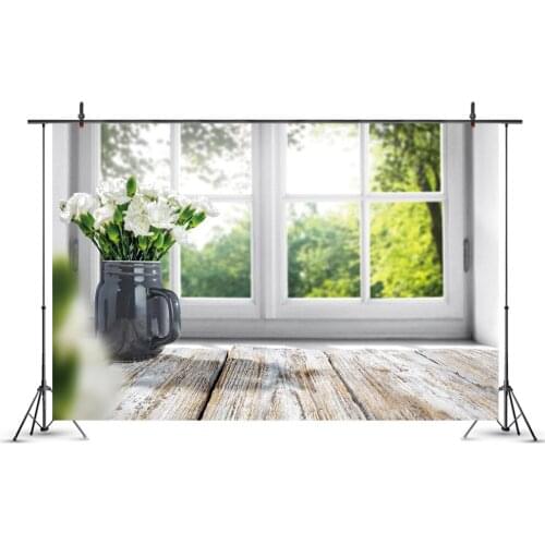 White Flowers and Wooden Floor Photography Background Photo Booth Studio Decor