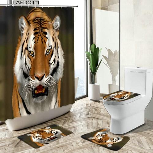 Tiger Wild Animal Shower Curtain Wolf Leopard Portrait Design Bathroom Decor Non-Slip Carpet Toilet Cover Floor Mat Set Washable