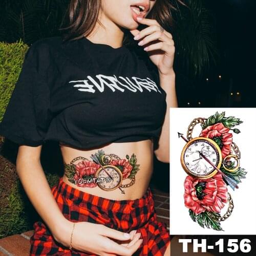 Waterproof Temporary Tattoo Sticker Pocket watch Time clock pattern Water Transfer red flower body art flash fake tatoo
