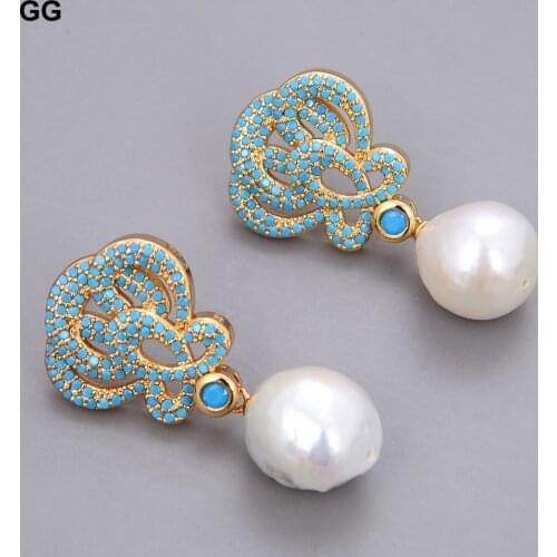 GuaiGuai Jewelry Natural Keshi Baroque White Pearl Gold Color Plated Turquoise Blue Cz Flower Drop Earrings For Women