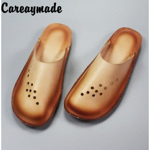 Careaymade-Summer Handmade soft Genuine leather literature art sandals womens retro comfortable round head flat bottom slippers