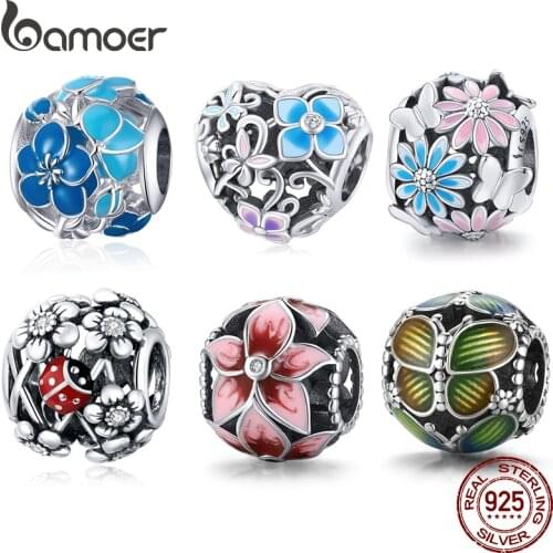 Bamoer Silver Hollow Daisy Charm Colored Round Bead 925 Sterling Silver Charm for Bracelet Bangle Women Making Jewelry SCC1837