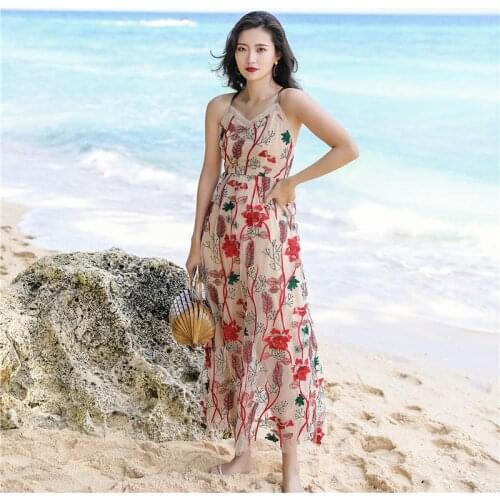 Beach Style Fashion Summer Sleeveless Sundress Sexy Spaghetti Straps Holiday Seaside Dress Embroidered Suspender Women Dresses