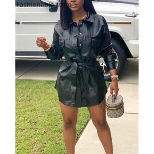 Women PU Leather Buttoned Slim Tied Waist Long Sleeve A-Line Dress
