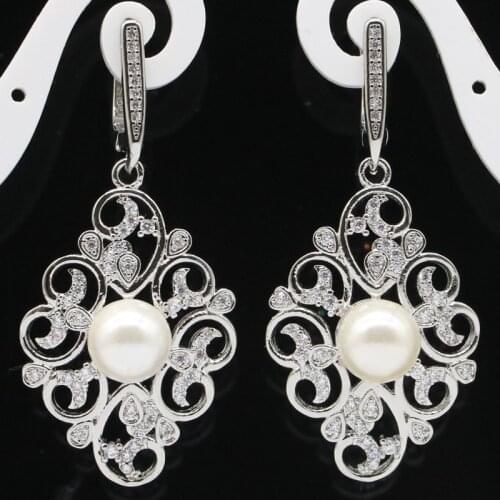 46x22mm Beautiful Jewelry Set Created White Bright Cubic Zircon White Pearl For Ladies Bride Engagement Silver Pendant Earrings