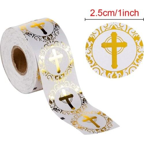 500p Religious Christian Cross Stickers 1inch Gold/silver Round Labels for Religious Baptism Sacrament Invitation Letter Sealing
