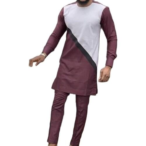 African Fashion Maroon Cotton Mens Sets Patchwork Shirt+Solid Pant Groom Suits Male Wedding Outfits Customized