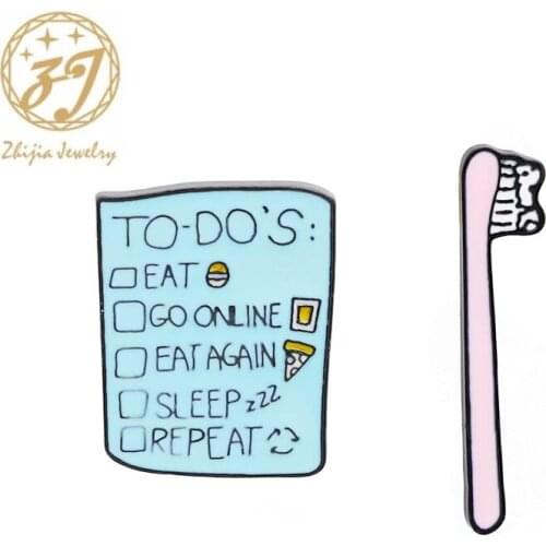 Zhijia JEWELRY To Do List Toothbrush Pin Smile Tooth Eat Pizza Burger Lapel Pin Dentist Brooches Campus Youth School Jewelry