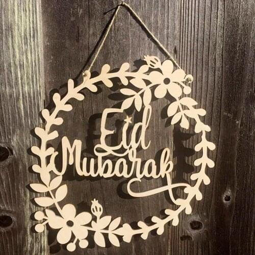Wooden Eid Mubarak Wreath Hanging Pendant Plaque Ornament DIY Muslim Ramadan Islam Home Party Decoration Gift