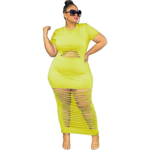Plus Size 5xl Dress Wholesale Women Clothes Solid Hollow Out Bodycon Stretch Maxi Dresses Woman Dropshipping RV736