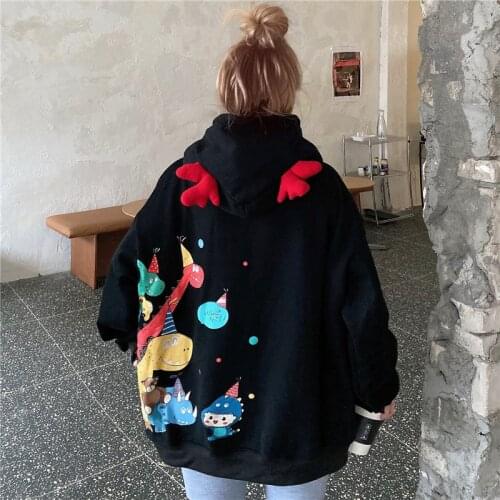 HOUZHOU Kawaii Dinosaur Anime Black Hoodies Women Harajuku Y2k Oversized Korean Fashion Pink Cute Pullovers Dragon Hooded Velvet
