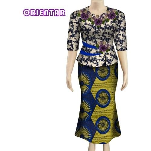 2 Pieces Set African Outfits for Women Elegant African Print Applique Blouse and Skirts Lady African Clothes Women Set WY7821