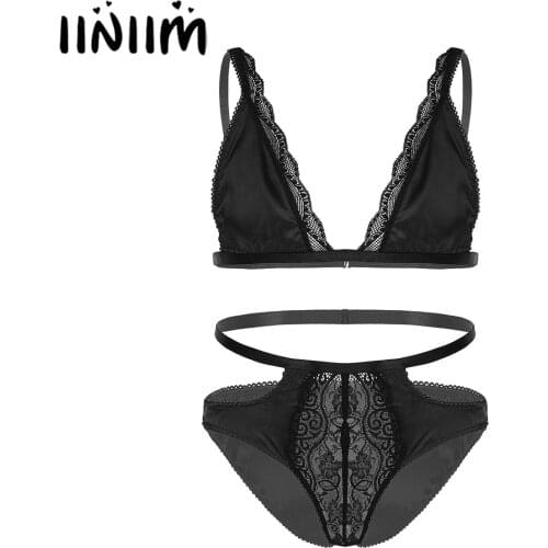 New Arrival Mens Male Satin Sissy Lingerie Set Costumes Lace Trimming Bra Tops with Jockstraps Pouch Briefs Panties Underwear